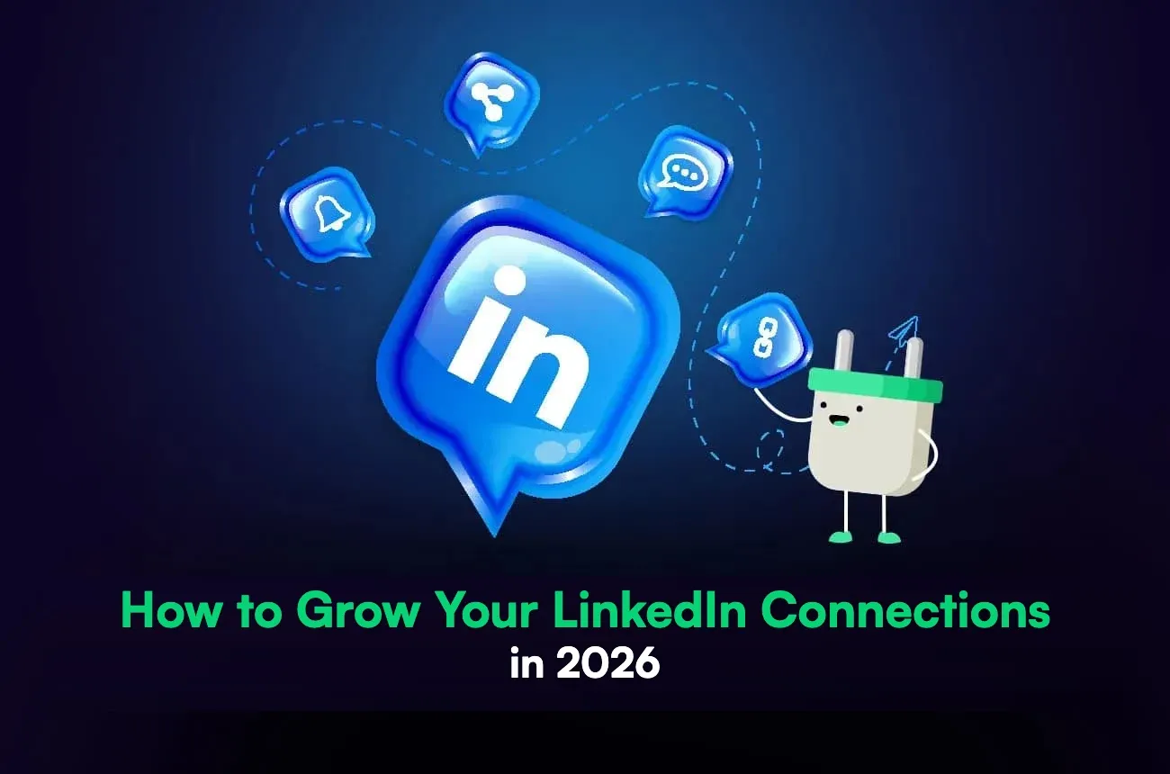 LinkedIn logo inside a blue speech bubble surrounded by social icons, next to the SocialPlug plug mascot